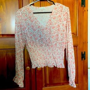Pink Floral Long Sleeve V Neck Shirt